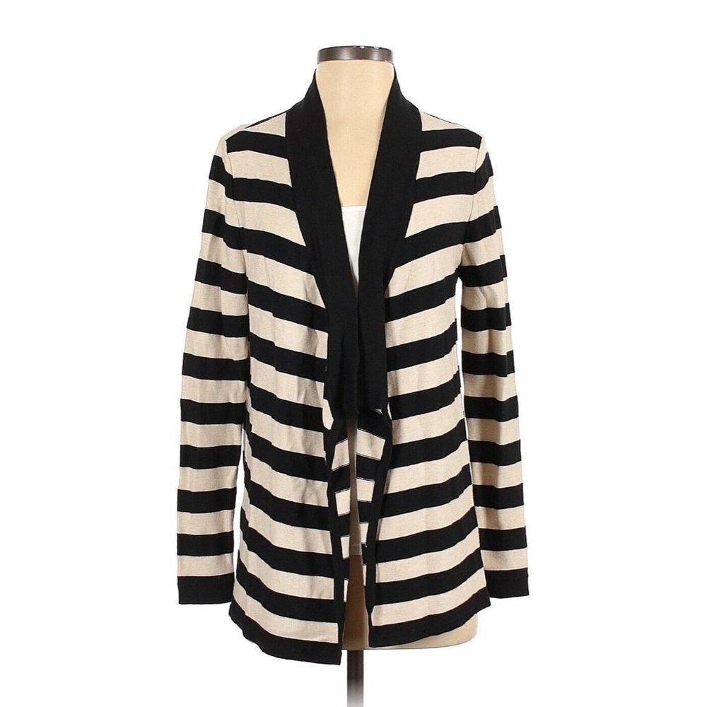 White House Black Market Small Cardigan Sweater Open‎ Front Black Cream Striped
